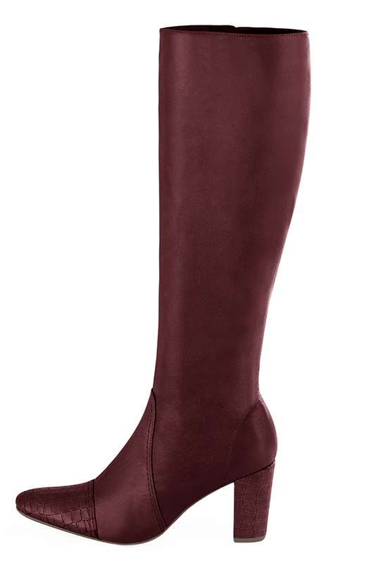 Burgundy red women's feminine knee-high boots. Round toe. High block heels. Made to measure. Profile view - Florence KOOIJMAN